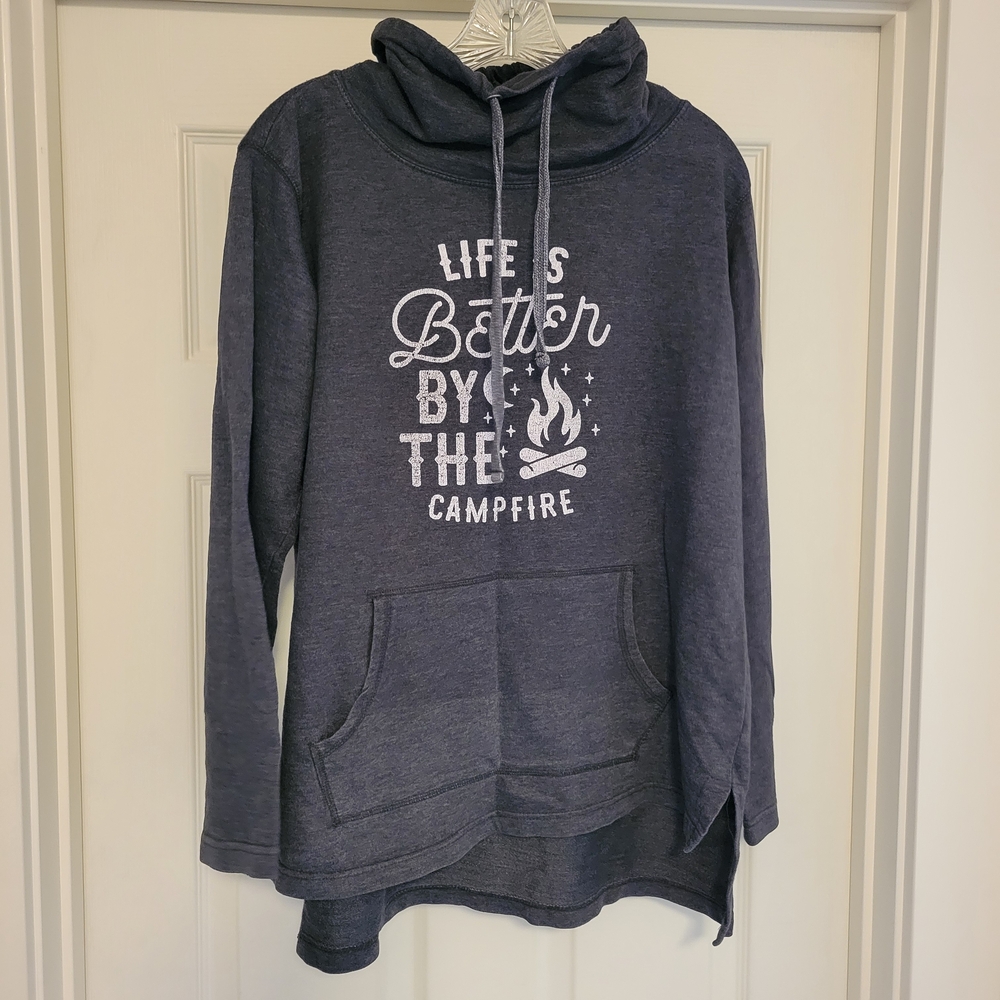 Cozy Dark Gray Cowl Neck Sweatshirt with Campfire Graphic